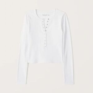 Abercrombie & Fitch Seamless Ribbed Henley Top – Long Sleeve, Snap Front, White